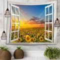 Arazzo decorativo 3D con vista finestra su un campo di girasoli al tramonto mozzafiato - Tramonto Girasole