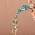 Blue enamel auspicious cloud hair clip with white flower and butterfly tassels - F0372 Blue Willow