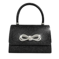 Black evening clutch bag with glitter fabric and sparkling silver rhinestone bow decoration - Black