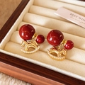 Elegant red bead earrings with golden rocking horse pendant and sparkling zircon details - 68# Red Bead Gold Rocking Horse Style (HE30401)
