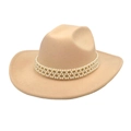 Classic beige wool felt fedora hat featuring three rows of elegant pearl band decorations - M (56-58cm) / Beige