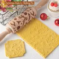 31cm Christmas embossed wooden rolling pin with reindeer and snowflake patterns - Christmas Style G