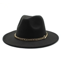 Detailed view of wide brim wool fedora hat featuring thick gold chain decoration - M (56-58cm) / Black