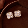 Detail of four-leaf clover earrings with white pearls and diamonds on brown velvet - Four-Leaf Clover Pearl Zircon Style(17#)