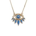 Golden Evil Eye pendant necklace with blue enamel and white zircon on white background - Blue