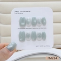 Handmade cat eye press-on nails with silver bamboo design and pearl finish in grey green - Green Moonlight Cat Eye Style Size S (FM254-S)