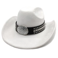Detail of white suede cowboy hat with crystal studded black leather band and silver buckle - M(56-58cm) / White