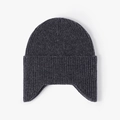 Dark grey knitted wool beanie with ear protection and thick vertical stripe pattern - One Size / Dark Gray