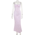 Lavender floral slim fit maxi dress with spaghetti straps and lace detailing on white - S / Purple