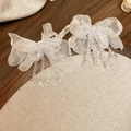Close-up of white organza ribbon earrings with elegant glass beaded tassels - Flower Tassel Style (27#) / 925 Silver Needle / White