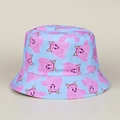 Detailed macro view of light blue bucket hat with cute pink cartoon monster print - M (56-58cm) / Blue Monster