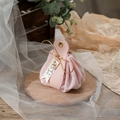 Pink velvet wedding favor bag with leather handle and decorative pearl tag - Pink with Pearl Tag