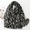 Leopard print cotton linen scarf with frayed edges for winter fashion in gray and black - Black Leopard