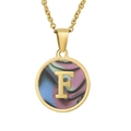 18K gold plated stainless steel necklace with round shell pendant and letter F - Colorful Abalone Shell Letter F
