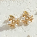 14K gold plated geometric stud earrings with three pearls and zircon accents - 3 Pearls Stud Earrings (ES2367-1)