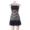 Close-up of black lace mini dress featuring rose patterns and a pleated chiffon hemline - S / Black