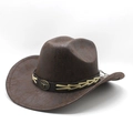 Détail du chapeau de cowboy en daim marron foncé avec texture vintage et emblème de tête de taureau - M (56-58cm) / Café Calotte Plate