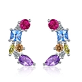 Fashionable colorful zircon stud earrings with pink, blue, and purple gems in silver finish - Copper / White Gold Plated Copper