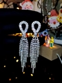 Elegant long tassel drop earrings with sparkling white crystals and silver finish - Silver Water Drop Hoop Tassel Earrings