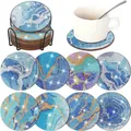 DIY diamond painting coaster set with 8 blue ocean marble patterns and metal holder - Blue Ocean Abstract Texture Style (BD997)