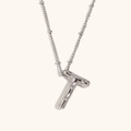 Polished silver bubble letter T pendant necklace with beaded stainless steel chain - Steel-T