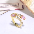 Golden snake-shaped open ring with pink teardrop crystals and clear zircon accents - Pink Water Drop Style (ZYN-DMR123G-1)
