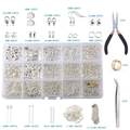 Silver DIY jewelry making kit with lobster clasps, ear hooks, pliers and tweezers - Set 4-15 Grid Silver + Tools