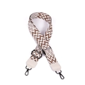 Detail of 38mm ethnic geometric bag strap with brown canvas, leather ends and black hooks - Wave Style 1 White Top Grain Leather