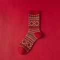 Calze spesse di lana rossa con motivi geometrici Fair Isle e fiocchi di neve invernali - Taglia unica / Fair Isle