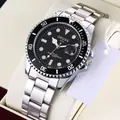 Men's silver stainless steel business watch with black rotating bezel and luminous dial - Black Dial - Steel Strap