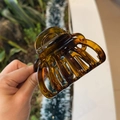 Detailed close-up of a large amber acrylic pumpkin hair claw clip with metal spring - Shiny Tortoiseshell