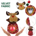 Red velvet Christmas drawstring gift bag with a 3D reindeer design and a heart window - Heart Reindeer