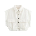 Close-up of white cropped utility vest with lapel collar and flap pockets detail - S / Tops / White