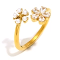 18K gold plated flower open ring with white pearls and teardrop cubic zirconia gems - Flower Open Ring / Gold