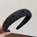 Thick black velvet padded headband with polka dot textured design for women - Black Solid