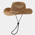 Vintage western straw sun hat with rhinestone band and adjustable windproof strap - Khaki