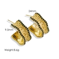 Hammered gold C-shape steel earrings with green crystals and size measurements - Green Zirconia