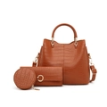Brown crocodile embossed handbag set with large tote, flap wallet and round coin pouch - Brown