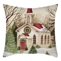 Red church in winter snow scene printed on a square linen Christmas pillowcase - Red Church Snow Scene