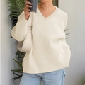 Women's minimalist V-neck knit sweater in cream white with a relaxed casual fit - S / White