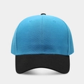 Close-up of two-tone baseball cap in sky blue and black with premium cotton twill texture - Lake Blue + Black Brim