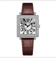 Reloj cuadrado con diamantes, números grandes y correa de cuero marrón tipo cocodrilo - Caja Blanca Cuero Marrón
