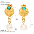 Stainless steel fan-shaped earrings with turquoise and pearl details on white background - Vintage Fan Turquoise Style (SE453G)