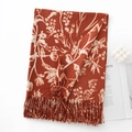 Reddish-brown floral cashmere-like scarf with white patterns and decorative fringes - Twill Orange Background White Floral