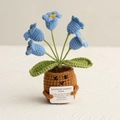 Handmade crochet blue bellflower plant in a brown pot with a positive support card - 5-Head Lily of the Valley - Blue