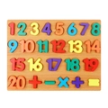 Wooden number puzzle set with colorful digits 1-20 and basic math symbols on wood base - Wood Grain 1-20 Numbers Board