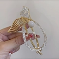 Elegant gold fishtail hair clip featuring shimmering rhinestones and a large center pearl - Large Fish Tail Gold Rhinestone Hair Clip