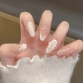 Cat-Eye-Drucknägel mit 3D-Schleifen, Blumen und Punkten in Nude- und Weißtönen - Waldstil (BY2216)