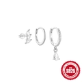Set di orecchini in argento 925 con perno a trifoglio e pendenti in zirconi trasparenti - Stile 2 (Pendaglio a Goccia + Cerchio Semplice + Lobo Foglia Marquise) / Oro Bianco