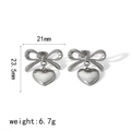 Polished silver heart drop earrings with bow studs and product dimensions on white background - 18K Gold